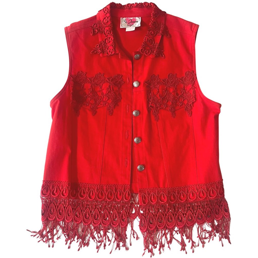 Red St. Joanne Sport Embellished Fringe Denim Vest